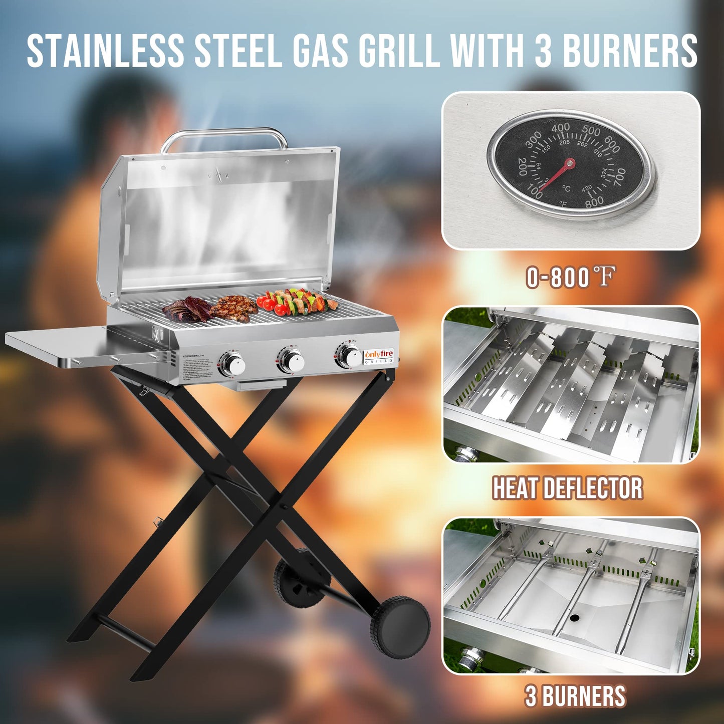 BBQ Gas Grill 3-Burner with Foldable Cart & Side Table, Premium Portable Propane Grill with 22" Cooking Grate for Outdoor Patio Backyard Barbecue Camping Tailgating RV, Stainless Steel, Classic GS308