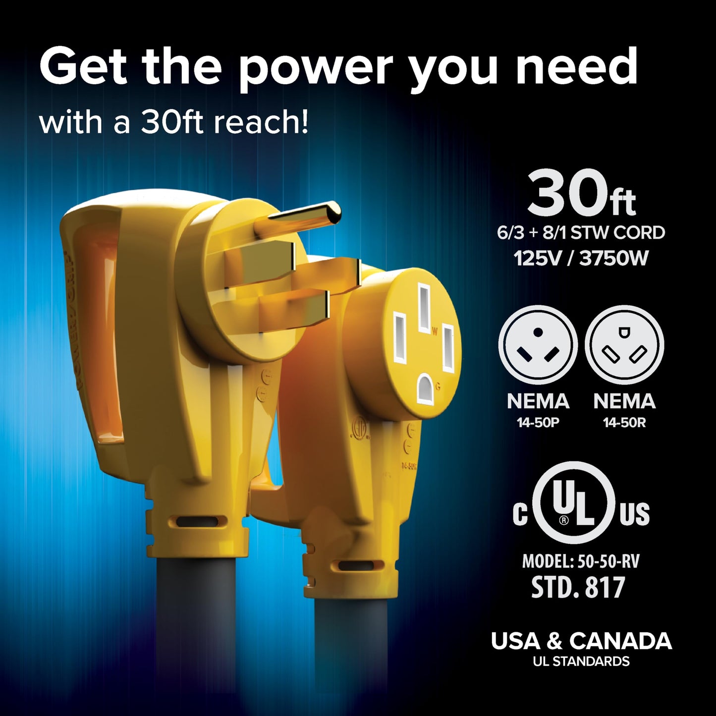 Camco Power Grip 30-Ft 50-Amp Camper/RV Extension Cord - Features Copper 6/3 + 8/1-Gauge Wires for Superior Conductivity - Rated for 125/250 V/12,500 W - Coated w/Heat-Resilient PVC (55195)