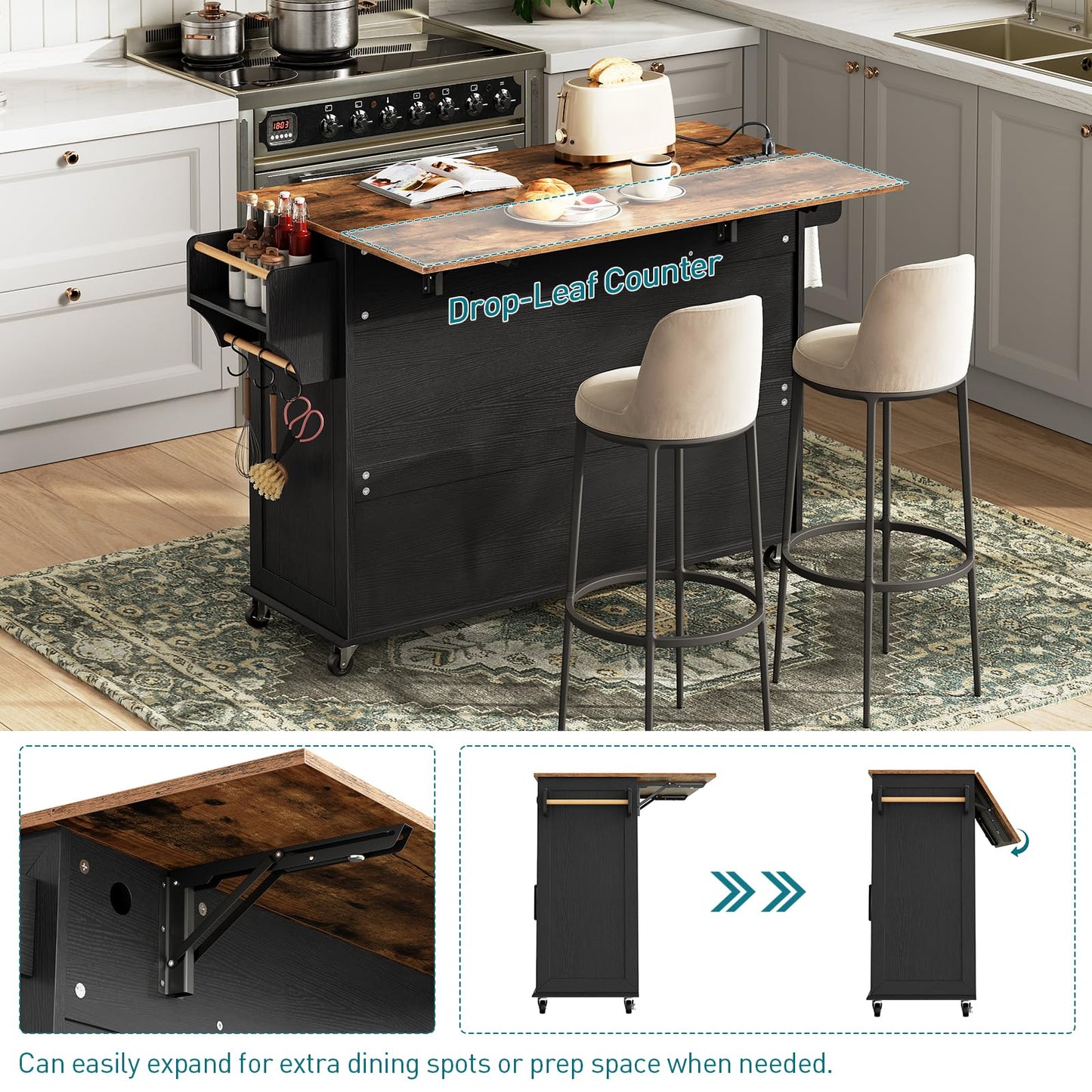 RALGEND Kitchen Island with Drop Leaf & Power Outlet, Rolling Kitchen Island Cart On Wheels, Barn Door Kitchen Island Table with Storage, Island Table for Kitchen, Black and Rustic Brown