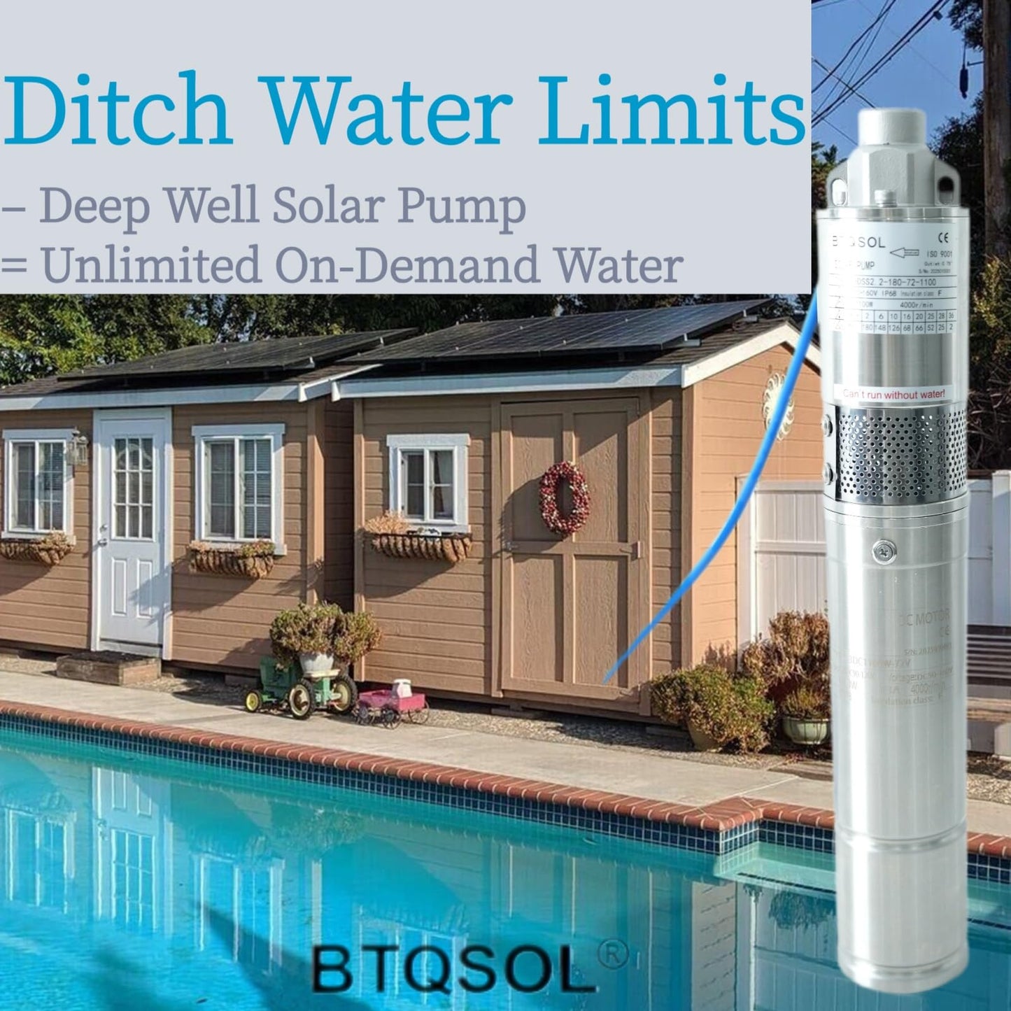Deep Well Submersible Pump with Control Box, 1.5HP 72V, 9.7GPM Flow 590FT Head, with 0.75IN Outlet, 3 Inch DC Brushless Screw well Pumps, Stainless Solar Well Pump for Irrigation&Home Use, IP68