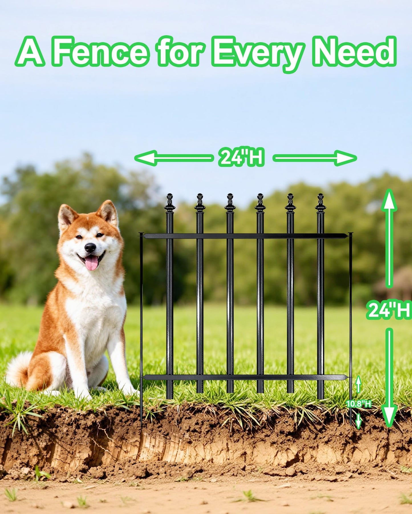 12-Panel Wrought Iron Garden Fence, 24in H x 24ft L, Thickened Hollow Iron Tubes, Multi-Purpose Metal Fence for Dogs, Gardens & Patio