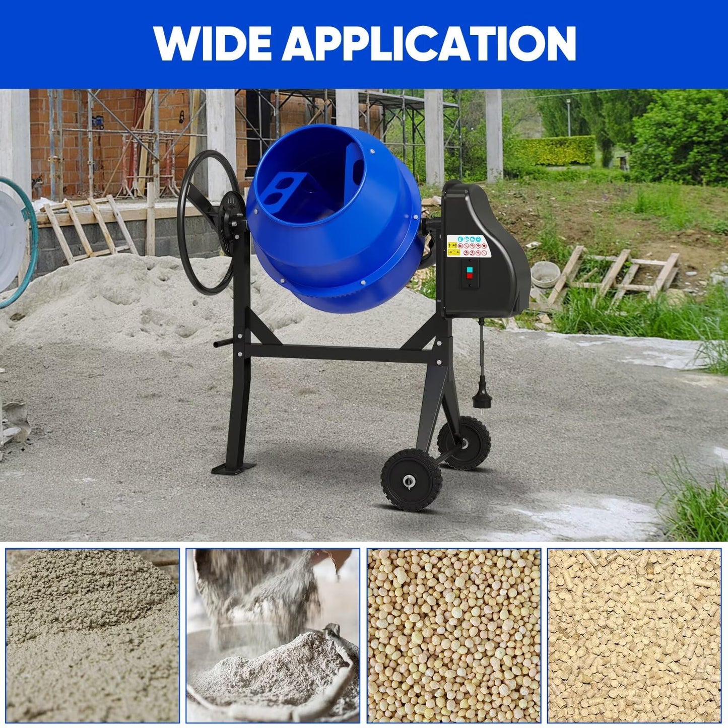 Dkenicor Electric Cement Mixer, 4.3 Cu.Ft. 450W 3/5HP Portable Concrete Mixer Machine with Wheels & Stand Steel for Stucco, Mortar, Feed Mixing, Ideal for Construction & Farm Use, Blue