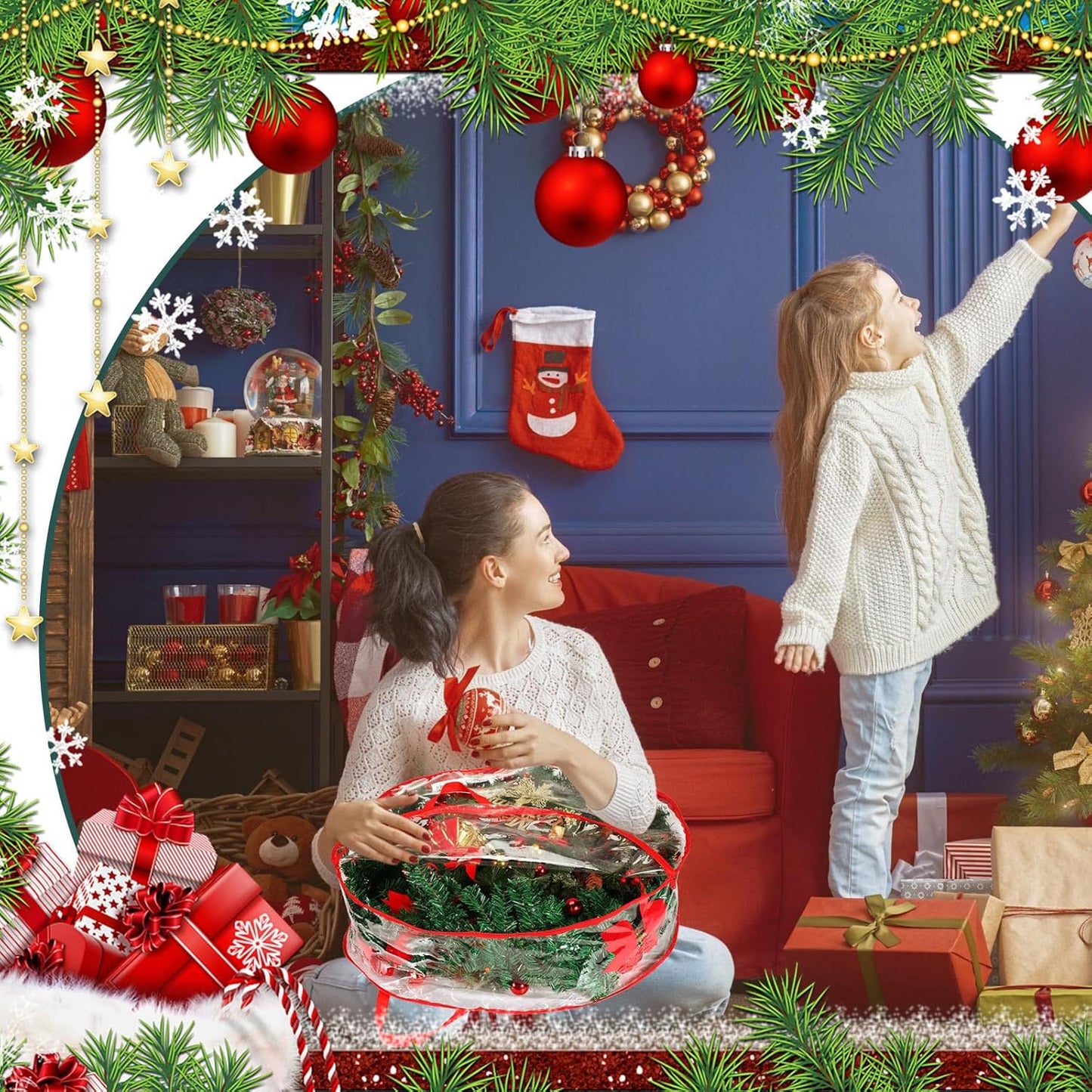 Shappy Christmas Wreath Storage Bag - 24-Inch Clear Container with Dual Zippers & Reinforced Handles | Red