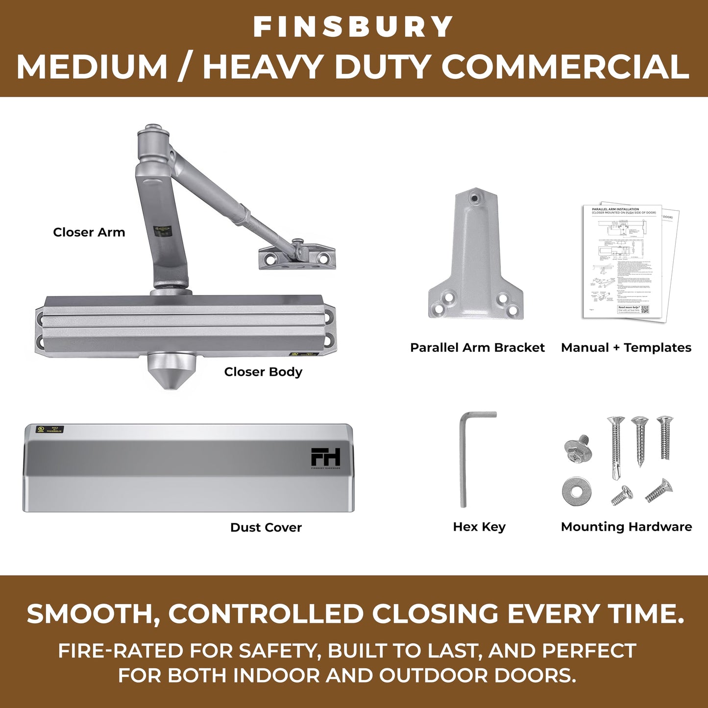 Finsbury Medium Heavy Duty Door Closer – Grade 1 Commercial, Adjustable Spring Size 1–6, ADA & UL 3-Hour Fire Rated, Hydraulic Auto Close, Surface Mount for Interior/Exterior Doors (Aluminum)