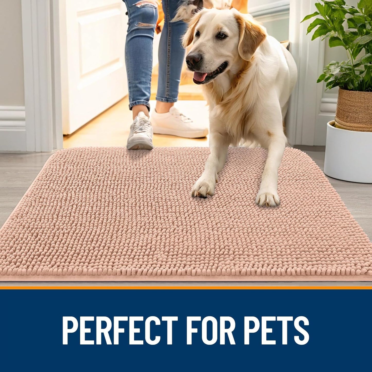 OLANLY Dog Door Mat - Absorbent Non-Slip Washable Doormat for Muddy Paws | 30x20 Peach Design
