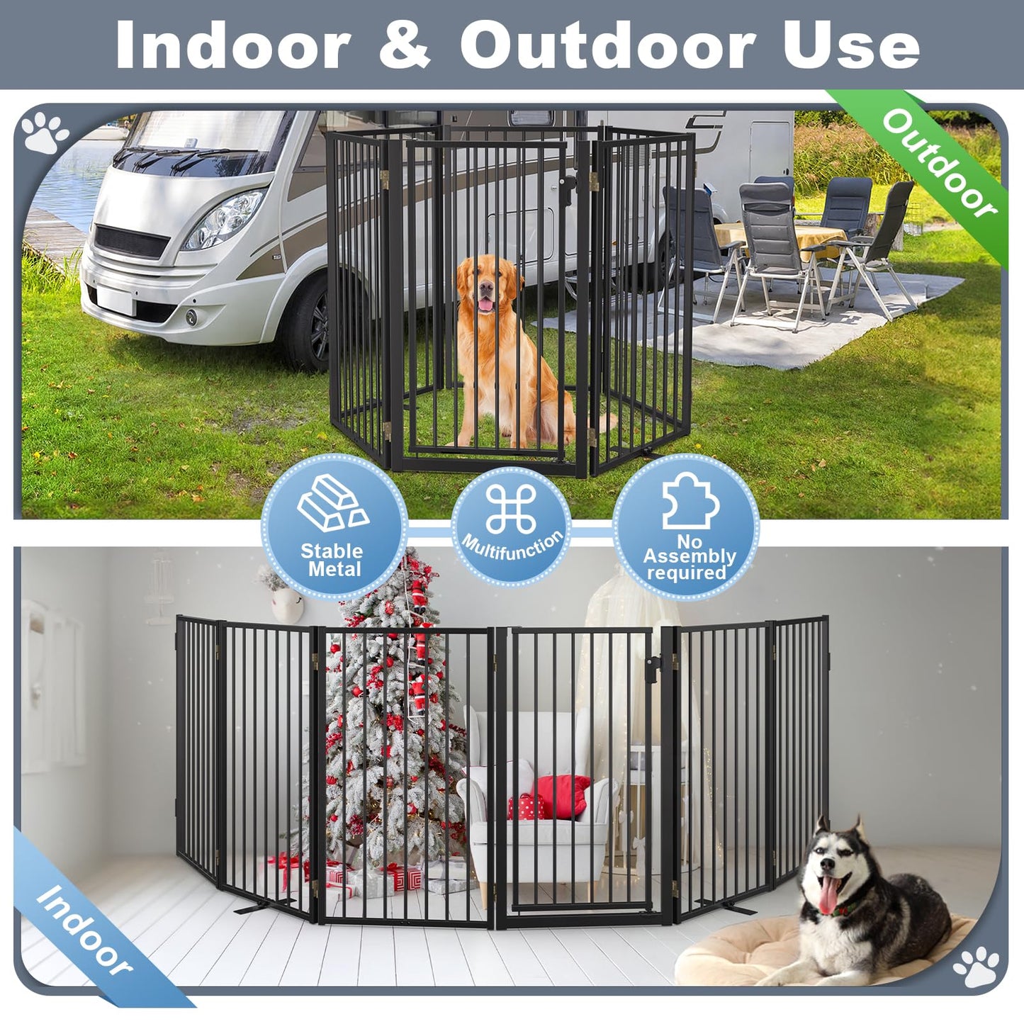 Metal Freestanding Dog Gates with Door for Outdoor Indoor,120'' Extra Wide 36'' Tall Free Standing Dog Gate for Doorways,Large Openings,Deck,Yard,Porch,Foldable Safety Pet Fence(Black,6 Panels)
