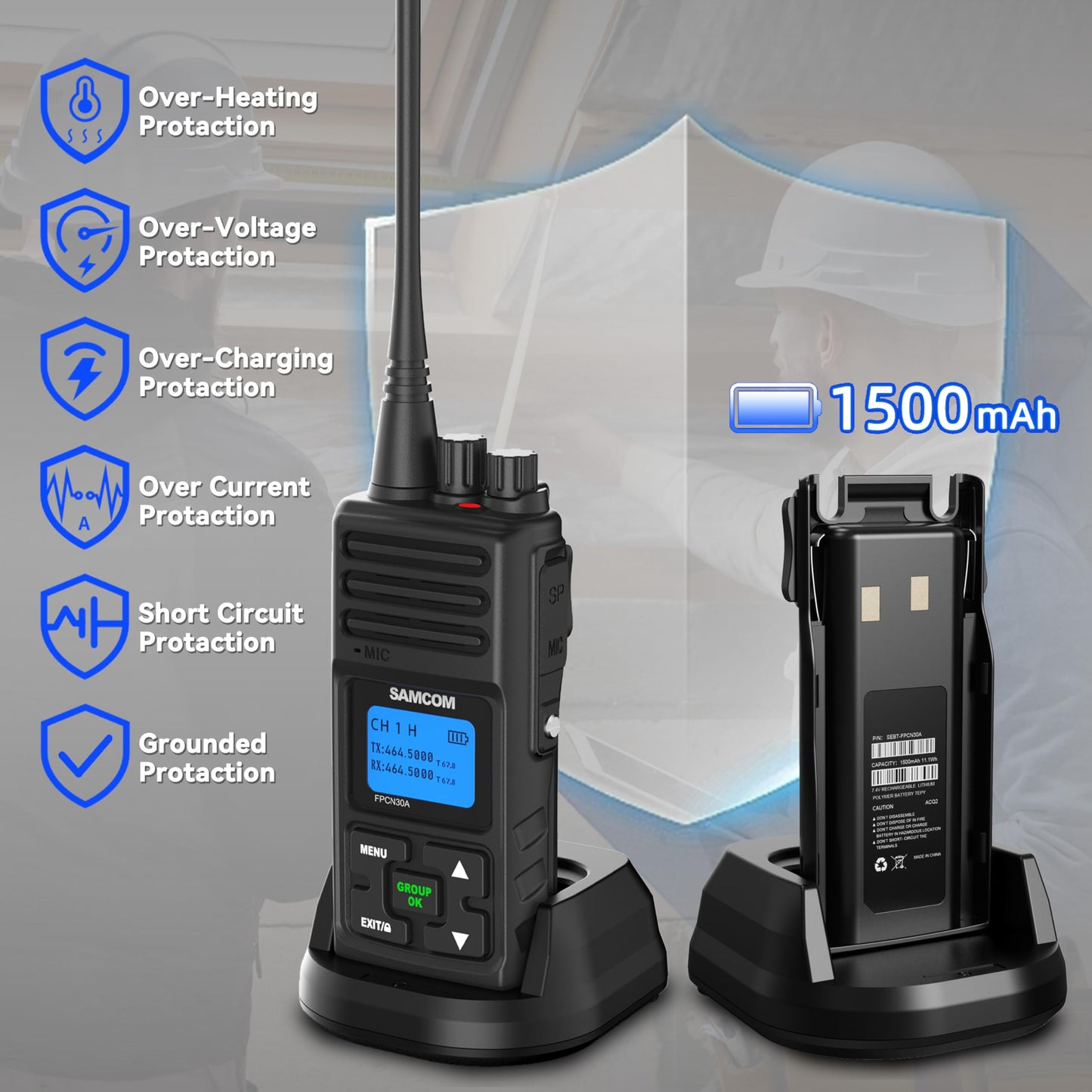 SAMCOM FPCN30A Two Way Radios Long Range 5 Watts Walkie Talkies for Adults Rechargeable 2 Way Radios UHF Handheld Business Group Call Radio 1500mAh Battery with Earpieces for Construction,6 Packs