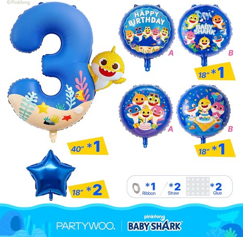 Baby Shark | PartyWoo Blue Foil Number 3 Balloon - 18 Inch Mylar Helium Birthday Decor for Kids
