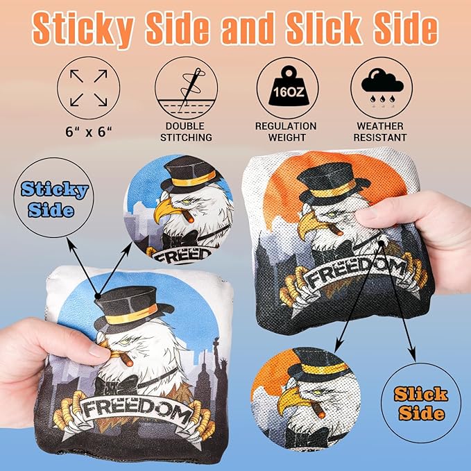 EunHo Cornhole Bags Regulation Dual Sided Set of 8, Professional Cornhole Bean Bags Slick & Sticky Side Bags with Carry Bag