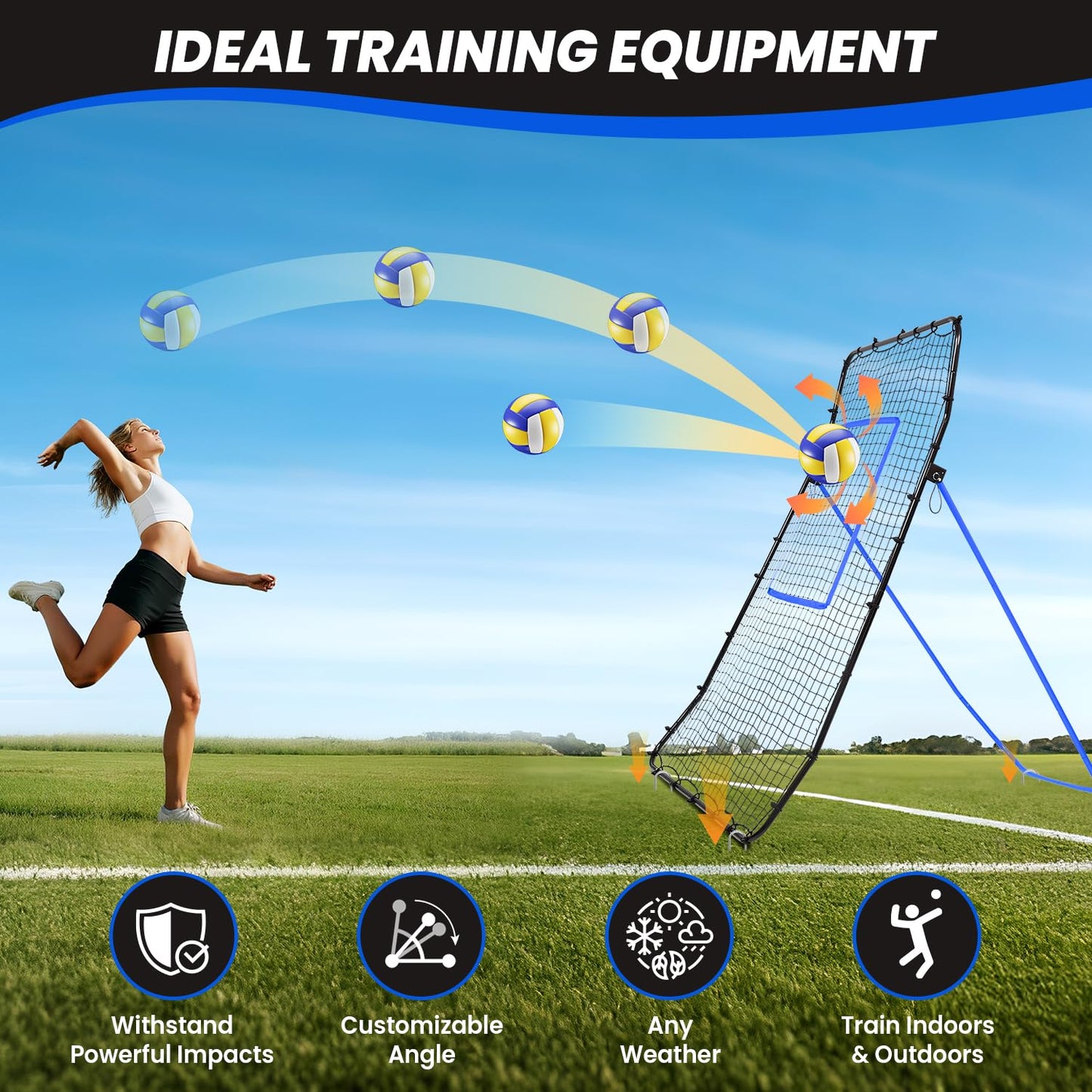 BAGAIL Volleyball Rebounder Net 7x4 Ft, Bounce Back Training Equipment with Unique Curved Frame for Better Catching, 5 Adjustable Angles for Volleying & Spiking, Easy Set Up & Sturdy Base - Blue