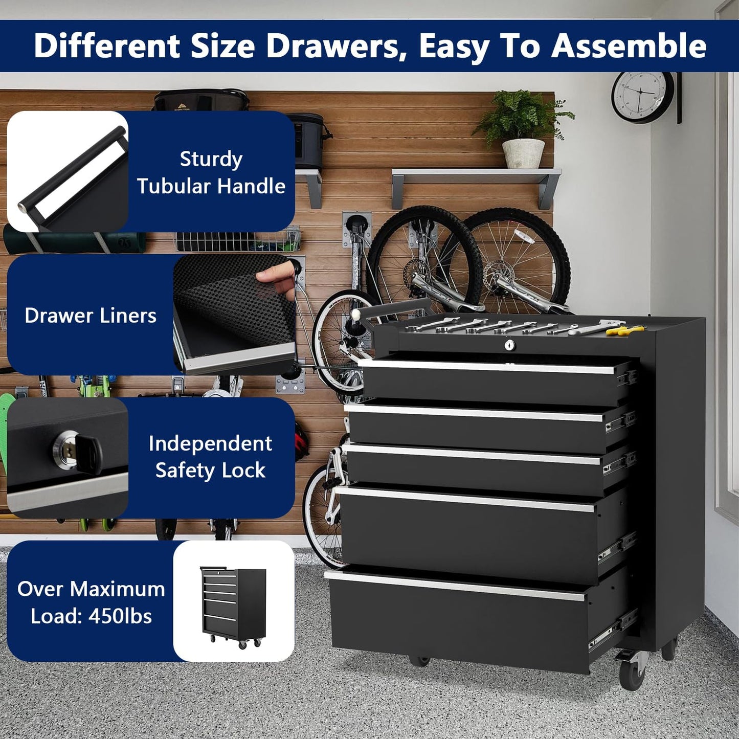SierraSquad Rolling Tool Chest with Wheels, 5-Drawer Tool Storage Cabinet, Portable Tool Box Organizer with Locking System & Drawer Liners, Tool Cart for Garage Workshop, Black