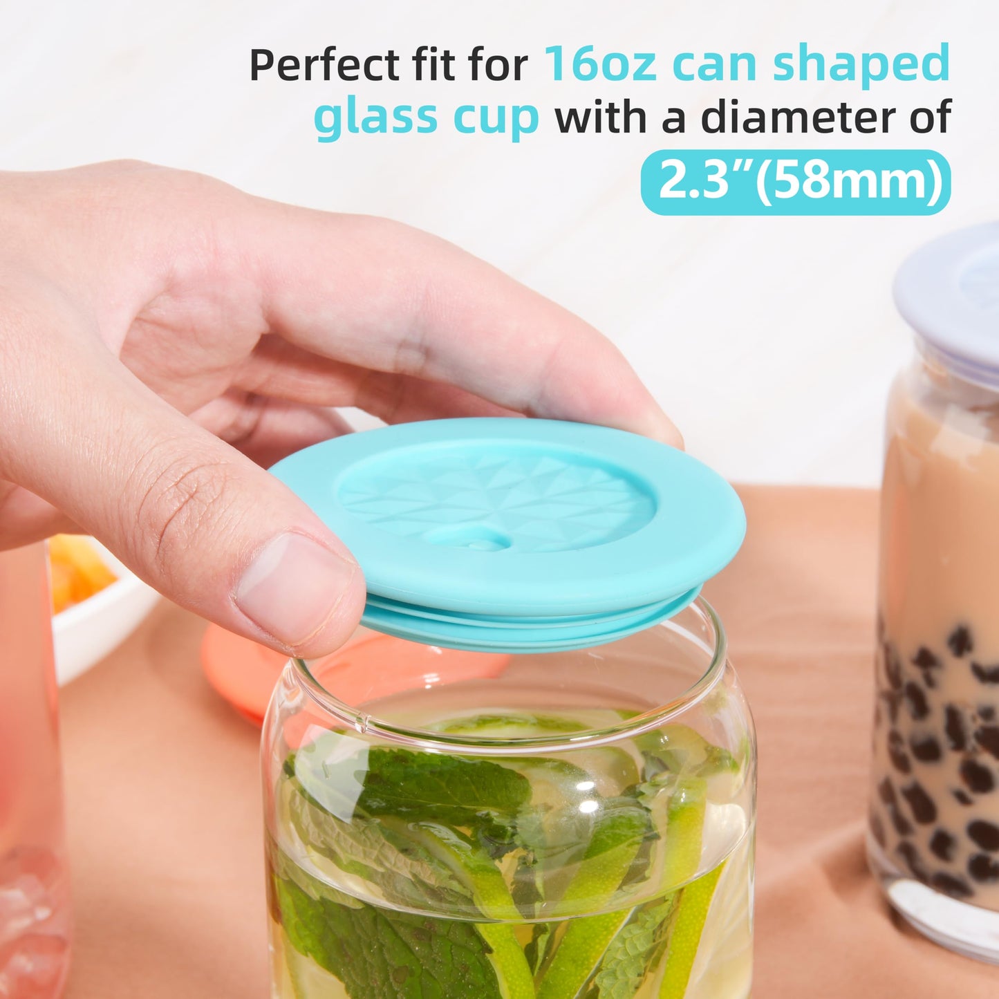 4 Pcs Silicone Lids Fit for Netany 16OZ Drinking Glass Cups with a diameter of 2.3"/58 mm, Replacement Lids for Beer Can Cups, Reusable Covers with Straw Hole for Glass Cups with Bamboo Lids