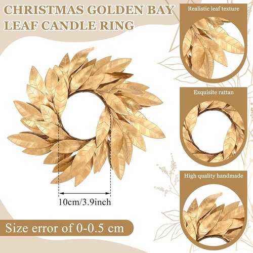 Domensi Gold Bay Leaf Candle Rings - 2 Pcs Rustic Wreath Holders for 3.9 Inch Pillar Candles