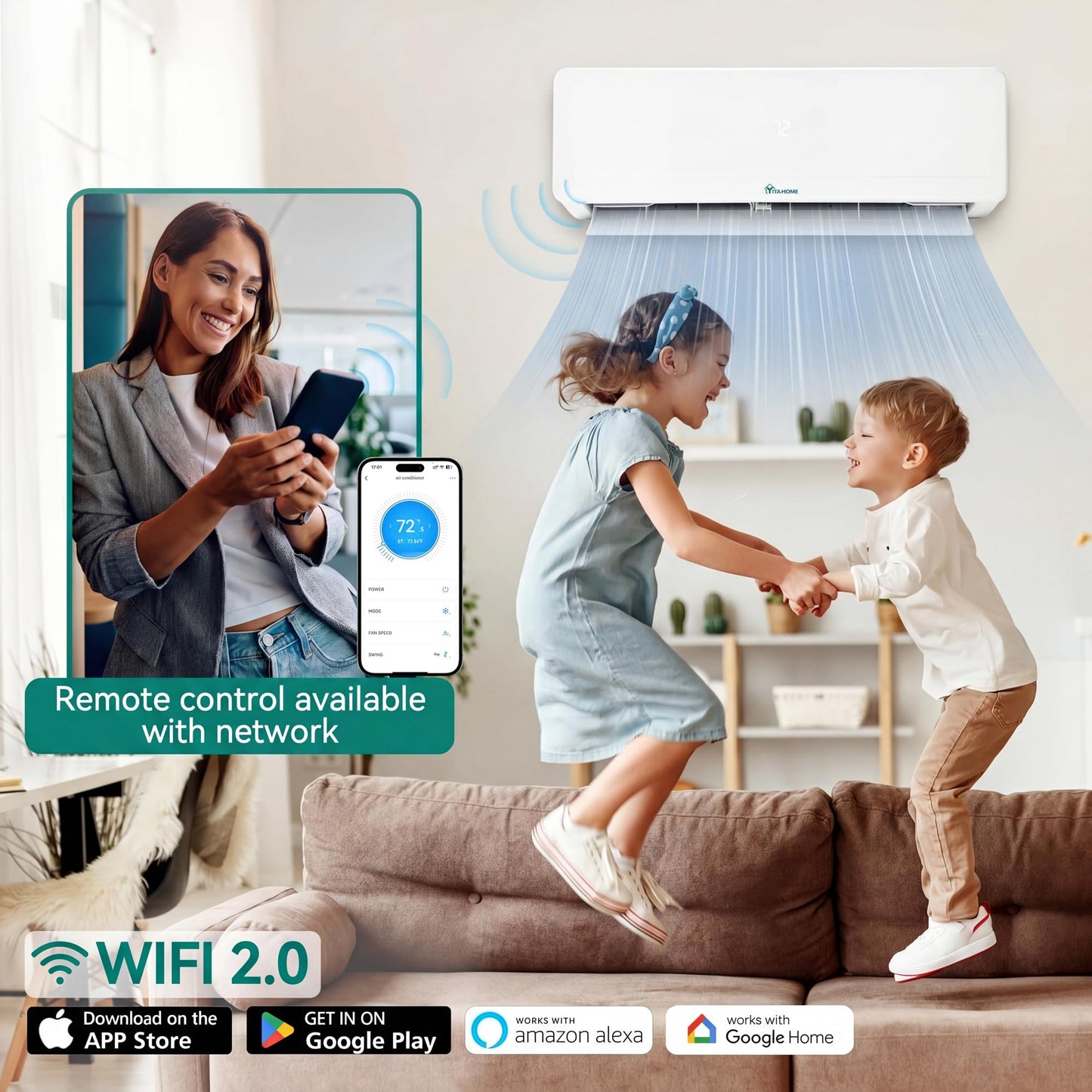 YITAHOME 18000 BTU Mini Split AC/Heating System, Ductless Mini Split Air Conditioner Heat Pump,230V 20 SEER2 Energy Efficient Inverter AC Unit,Wifi Enabled Compatible with Alexa for Apartment, Garage