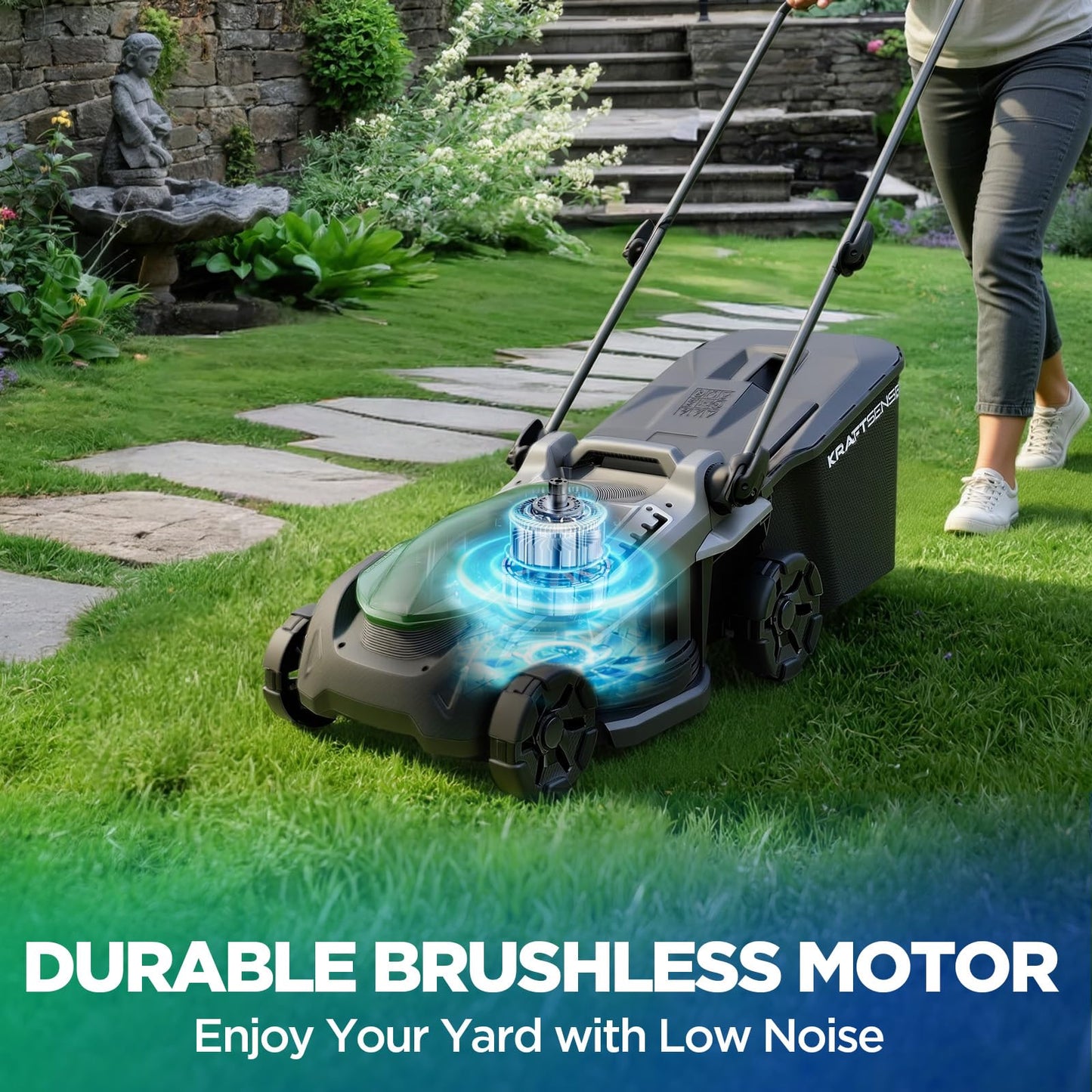 Kraftsense 16" Electric Lawn Mower, 40V Cordless Lawn Mower with 2x5.0Ah Batteries & Charger, Brushless Motor, 2-in-1 Mulching & Bagging, 6-Position Height Adjustment, for Small to Medium Yards