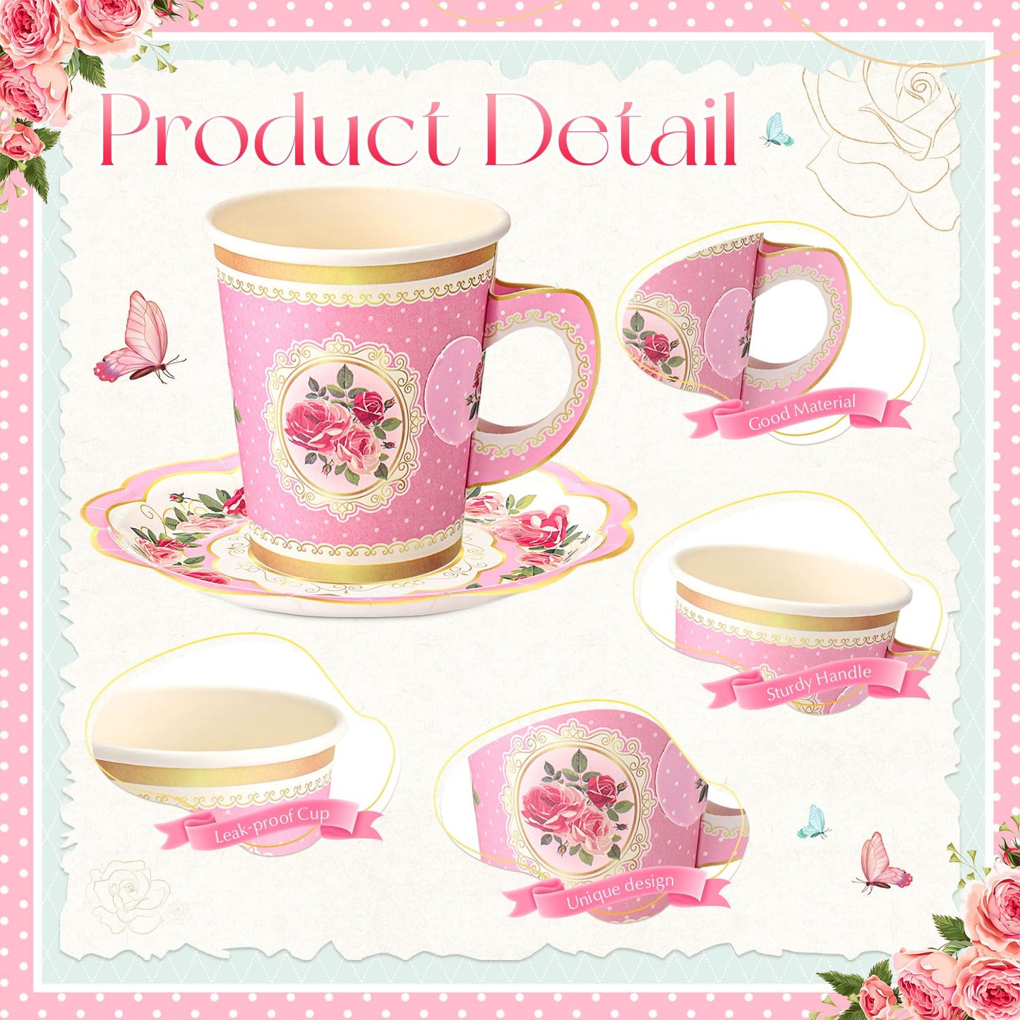 Tioncy 100 Pcs Tea Party Decorations Include 50 Pieces 9 oz Paper Tea Cups with Handle and 50 Plates Disposable Teacups and Saucers Sets for Birthday(Pink and Blue Floral)