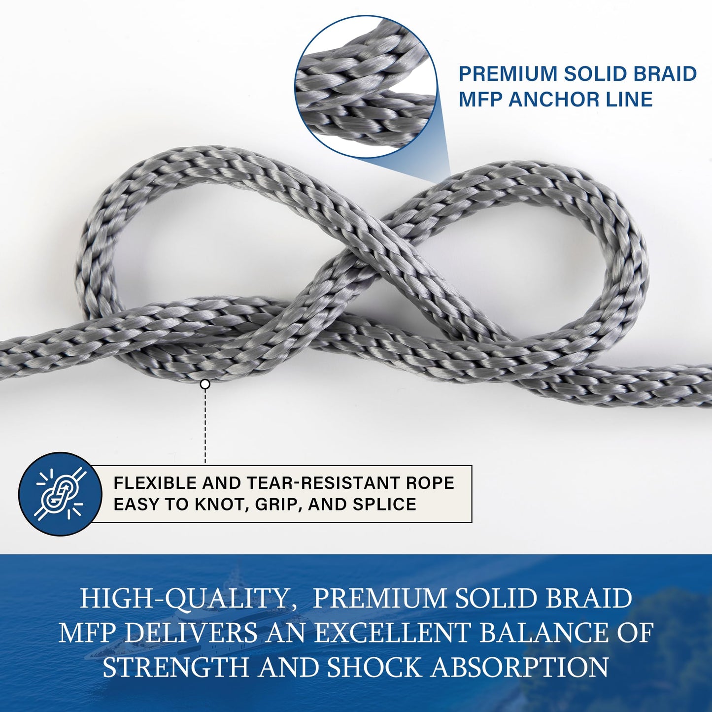 HOPESEILY 3/8 x 50FT Boat Anchor Rope, Premium Solid Braid MFP Marine Line with Stainless Steel Thimble & Shackle for Boats Jet Ski Yacht Dock, Heavy Duty (Grey)