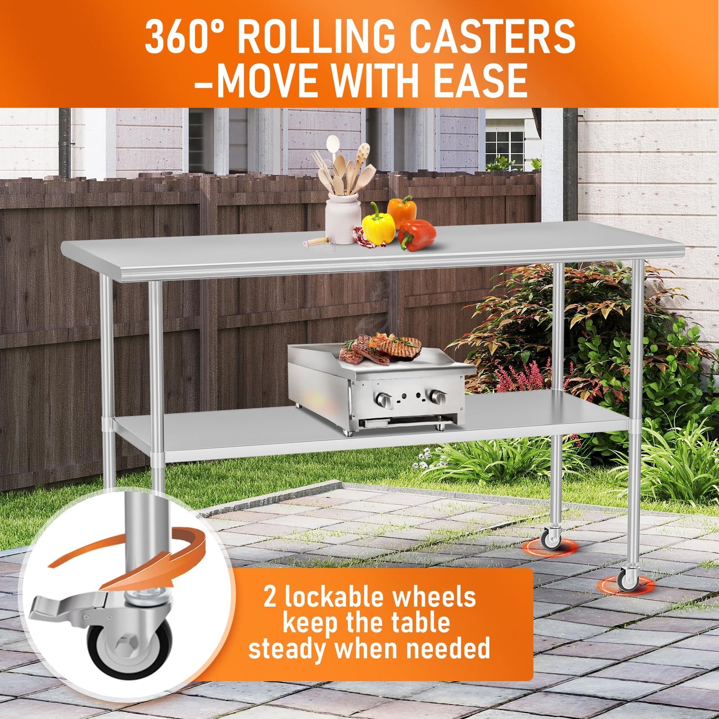 HOCCOT Stainless Steel Table with Wheels for Food Prep & Work 30" x 60" Utility Table with Adjustable Undershelf, Commercial Workstation in Kitchen, Garage, Home and Hotel