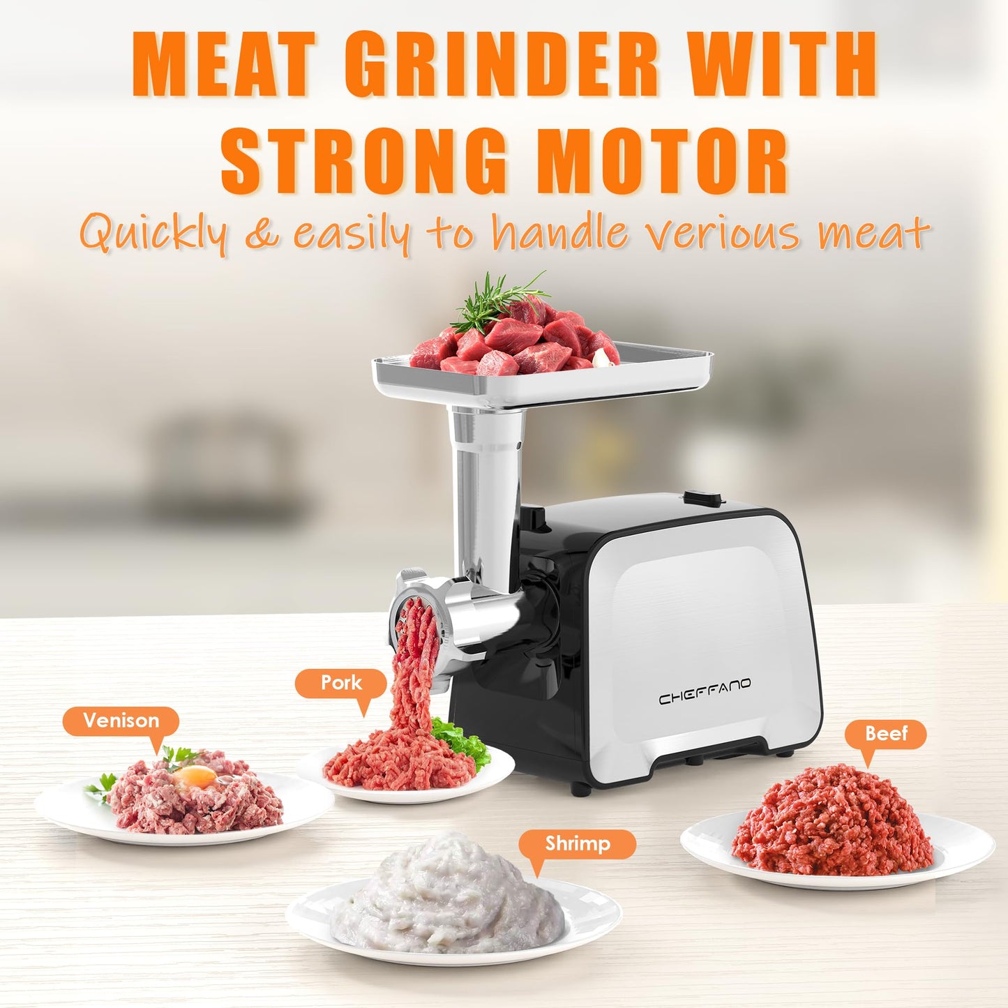 CHEFFANO Life Electric Meat Grinder, Stainless Steel Sausage Stuffer Maker With 2 Blades, 3 Plates, Sausage Tube & Kubbe Kit, [2000W Max] Heavy Duty for Home Use