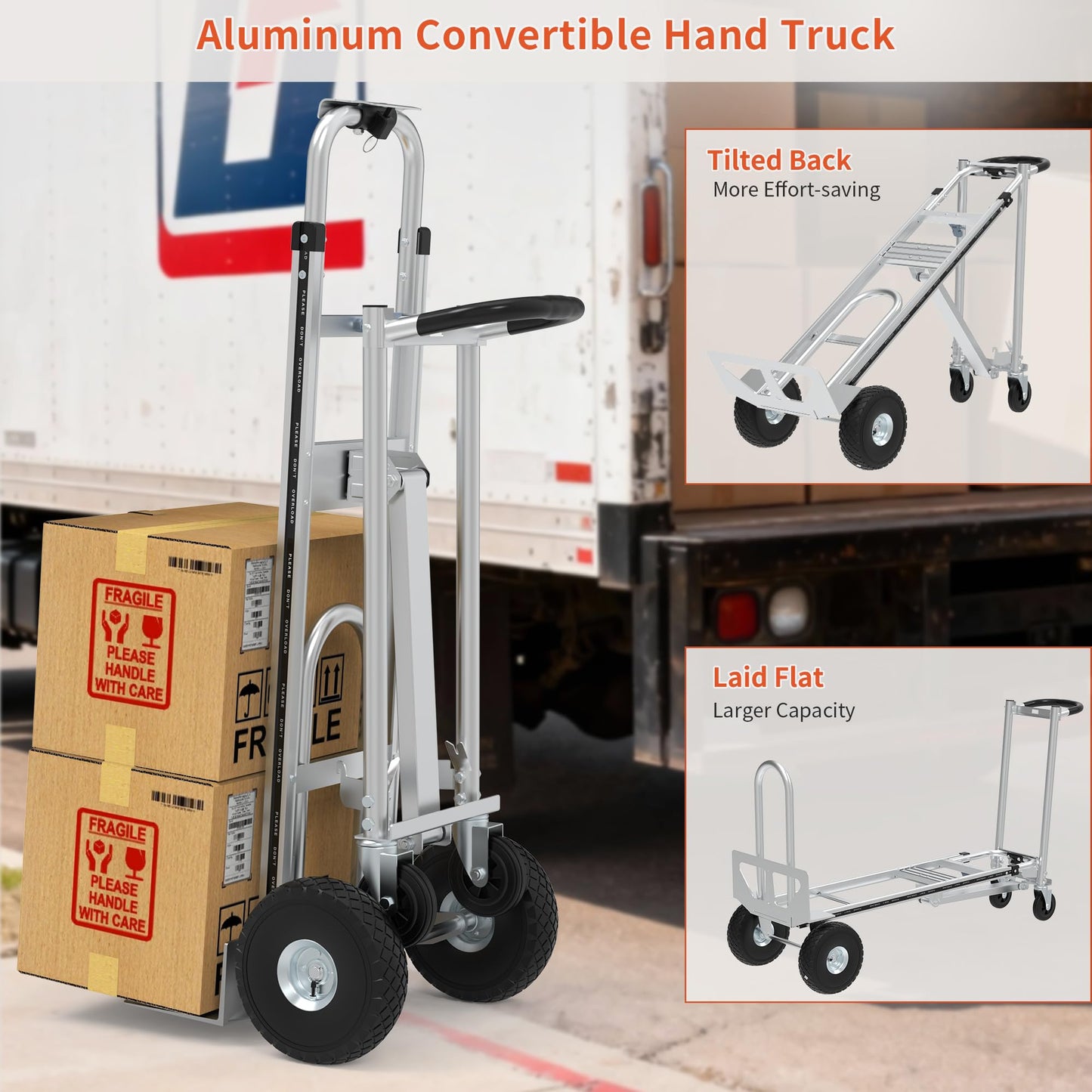 Aluminum Convertible Hand Truck, 800lbs 3 in 1 Folding Dolly Cart Lightweight Frame,Heavy Duty Industrial Platform Cart Handtruck for Construction, Logistics, Shopping, Home, Office Moving (Silver)