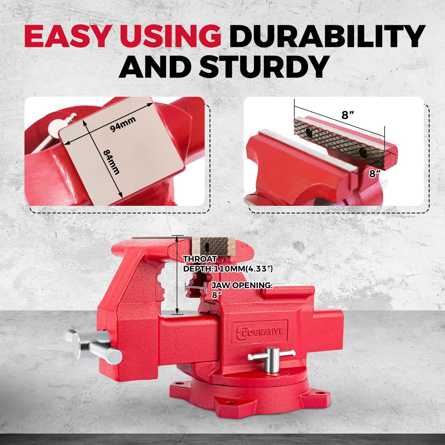 COGNATIVE 8" Heavy-Duty Bench Vise Ductile Iron Bench Vise with Strong 9900lbs Clamping Force 360° Swivel Bench Vice with Anvil, Red