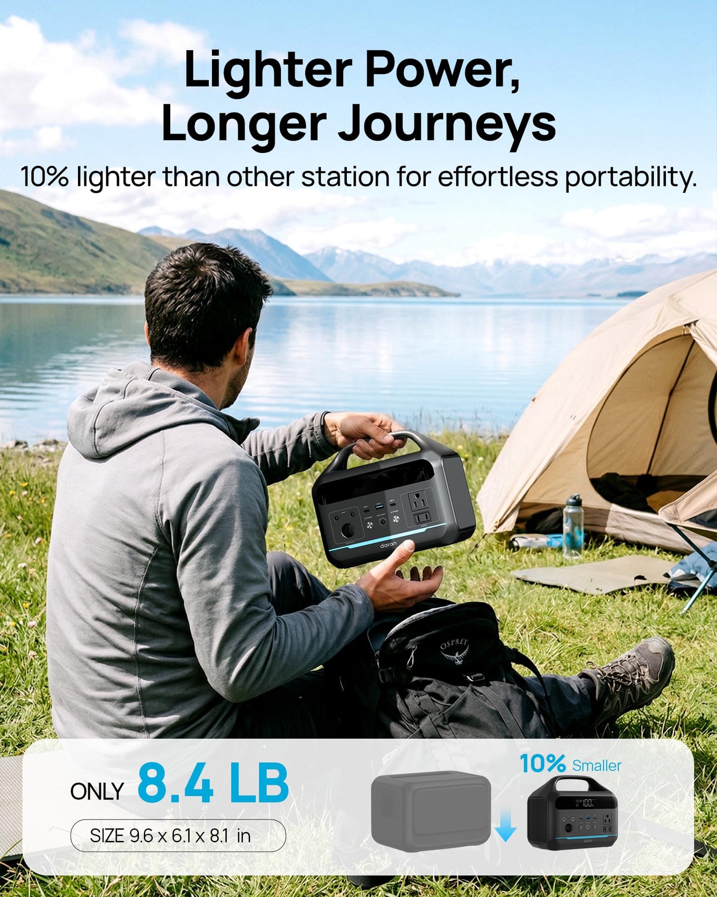 DARAN Portable Power Station 600W(1200W Surge) - 288Wh Solar Generator LiFePO4 Battery with AC DC Outlets, 8.3LB Portable Charging Station for Camping, RV, Home, Emergency (Solar Optional)