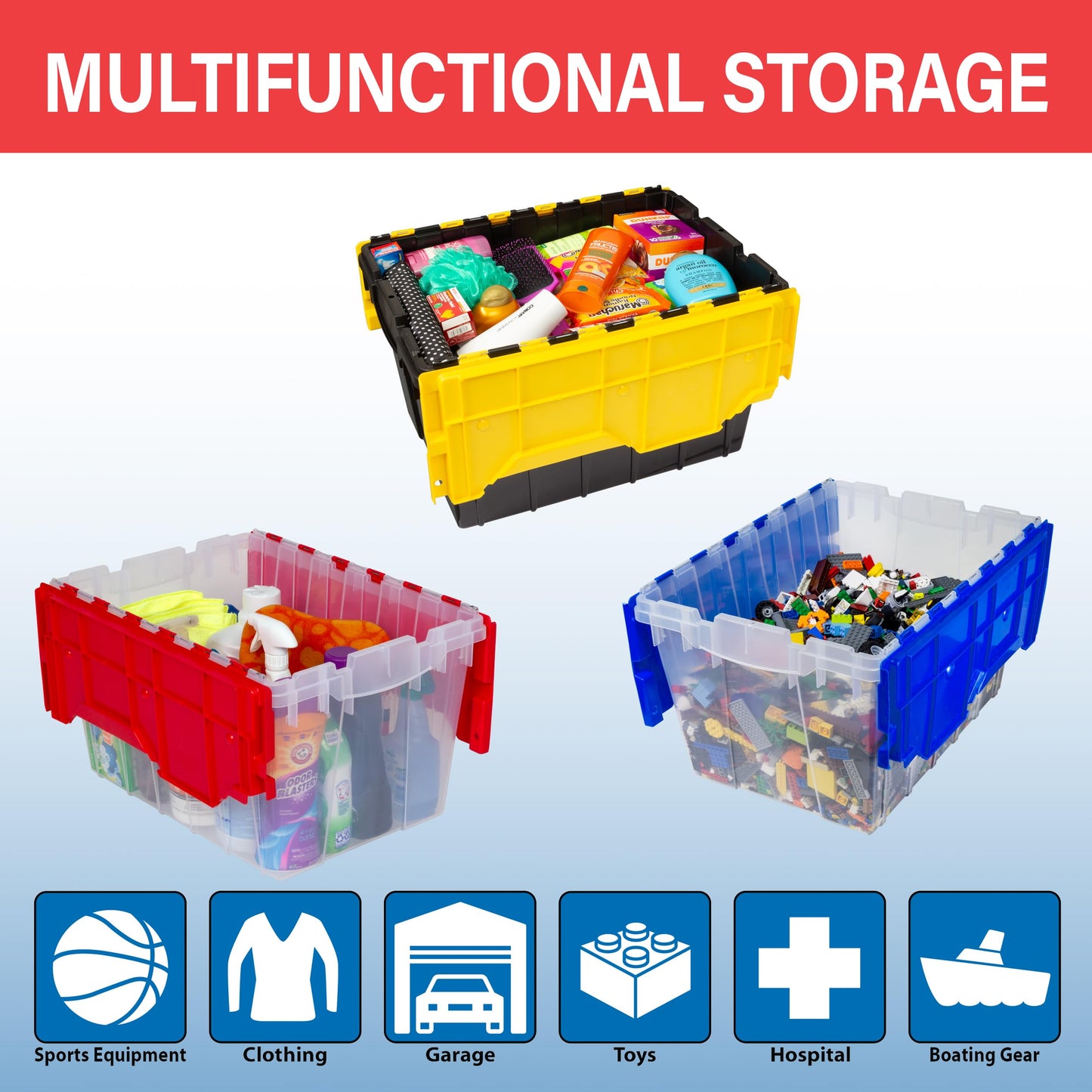 Akro-Mils KeepBox 12 Gallon Storage Container, Nesting and Stackable Plastic Storage Box with Lid Attached, Clear Tote for Garages, Closets, and Moving, 21-1/2" x 15" x 12-1/2", Clear/Blue, 6-Pack