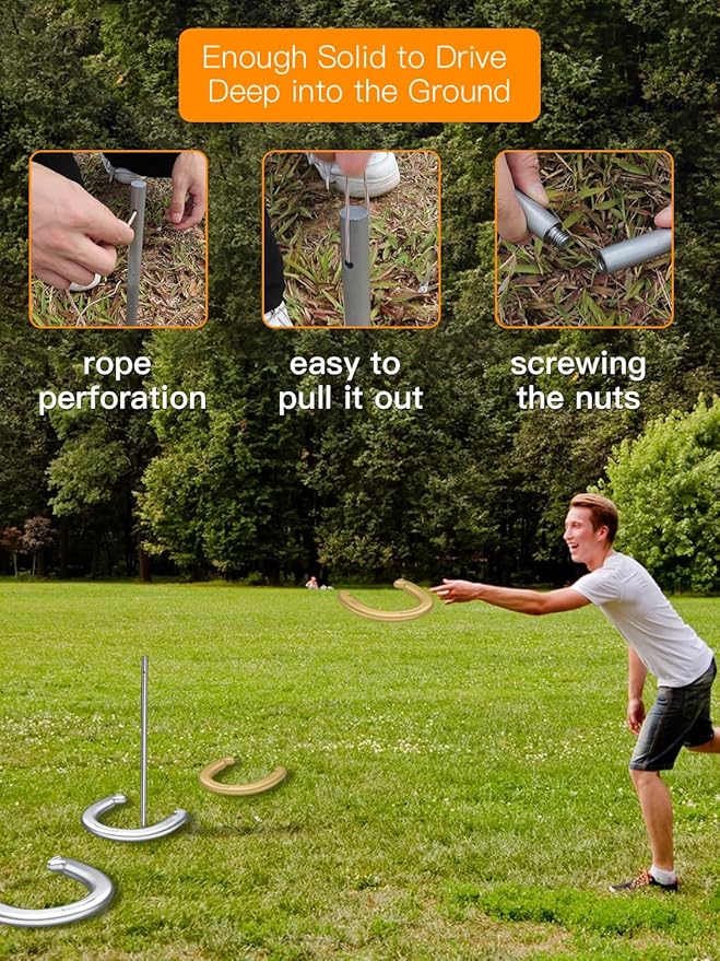 NQV Horseshoe Outdoor Game Set ?“Horse Shoe Game Kit,Sports Horseshoes Sets, Includes 4 Steel Horseshoes, 2 Metal Stakes & Carry Bag ??Perfect for Lawn, Backyard, or Tailgating