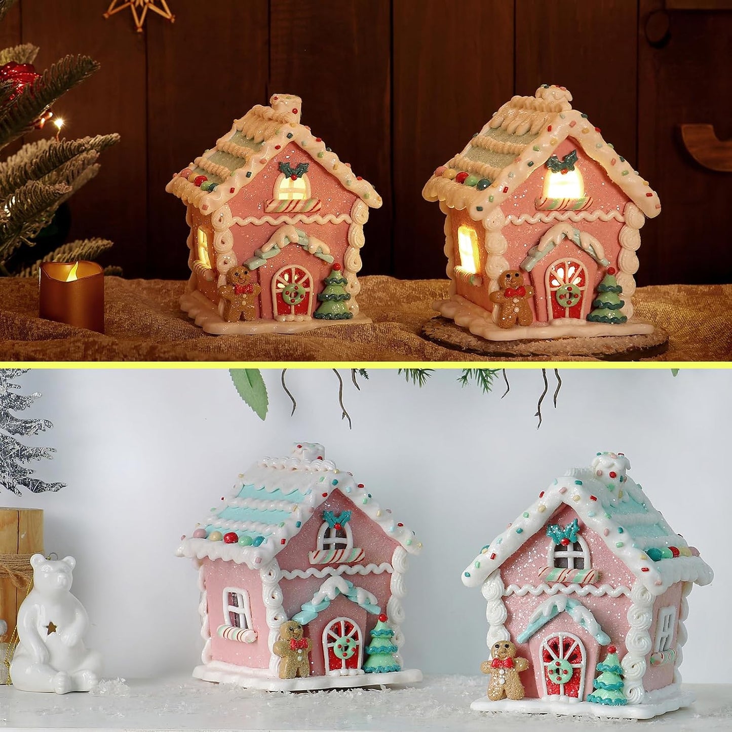 Regine Switzerland LED Gingerbread House Christmas Decorations - 5.9" Ornaments with Cookie & Pine Tree