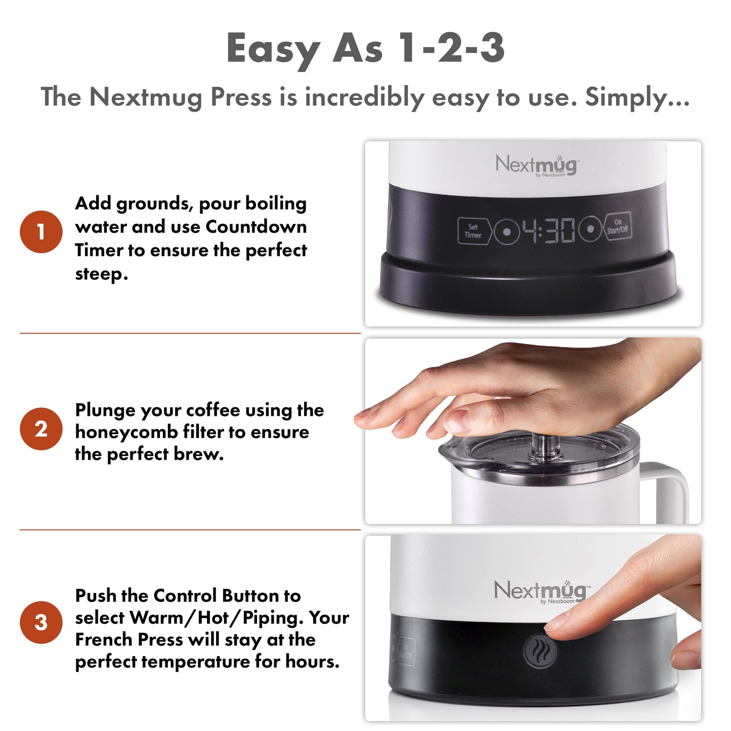 Nextmug Press - Temperature-Controlled, Self-Heating French Press (White - 40 oz.)