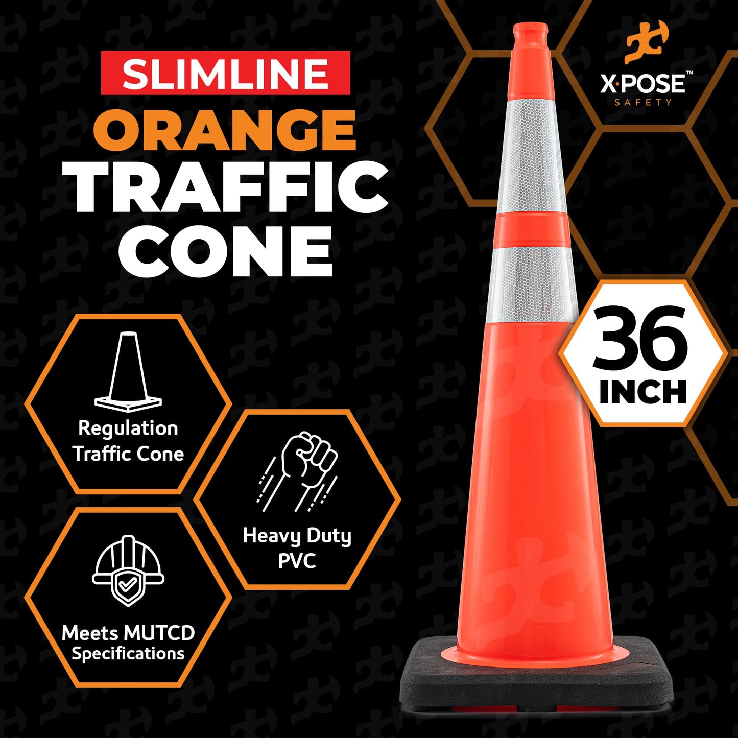 Xpose Safety 36 Inch Orange Slim Line Traffic Cones with 6" & 4" Collars, 4 Pack Multipurpose PVC Plastic Safety Cone for Parking, Soccer, Caution, Kids and Construction - DOT Approved