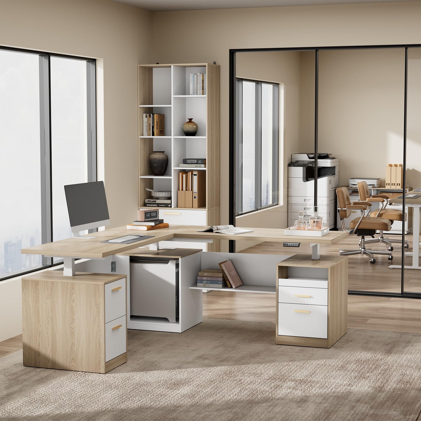 ModernMate 71" L-Shaped Electric Standing Desk with 5 Drawers, One-Piece Height Adjustable Executive Stand Up Desk, AC/USB & Privacy Panel, Home Office Workstation with Storage, Light Walnut