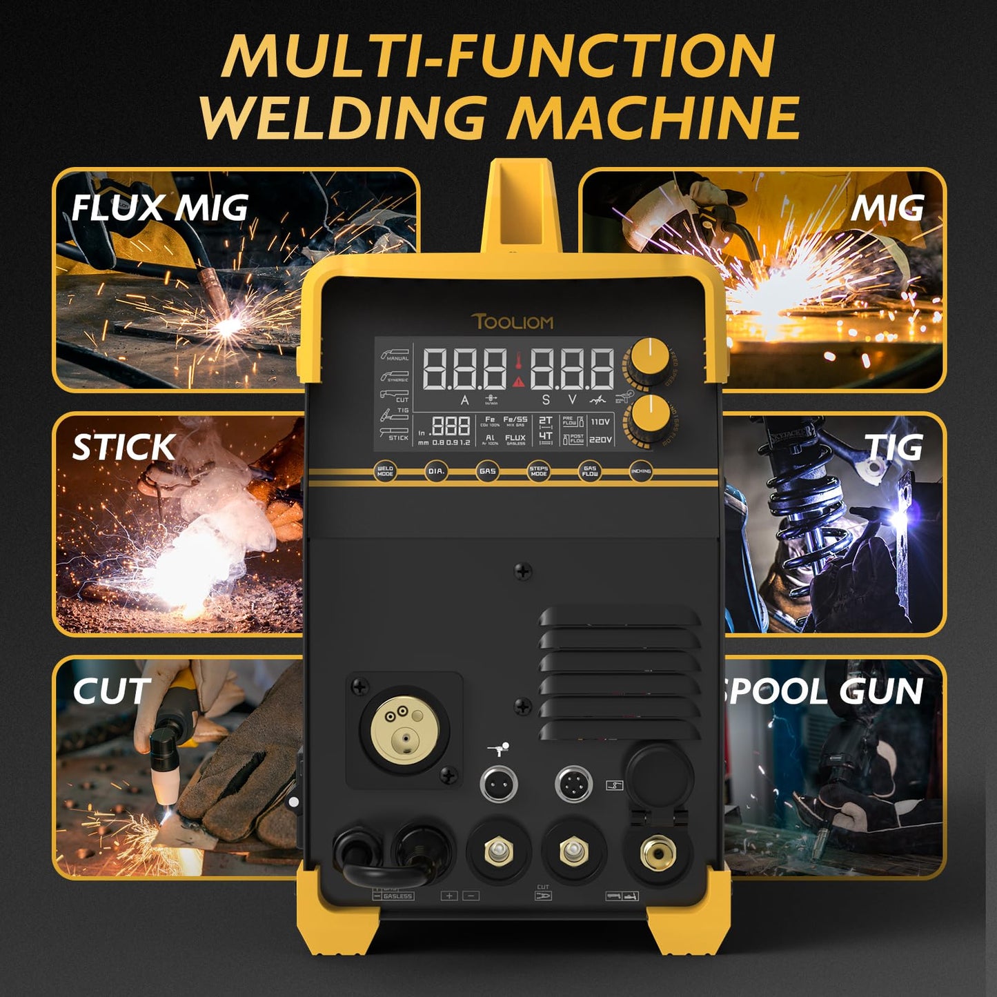 TOOLIOM MIG/TIG/CUT/Stick/Flux MIG/Spool Gun Welder 6 in 1 Multiprocess Welding Machine 110/220V Dual Voltage Aluminum Welding Machine Spool Gun Compatible