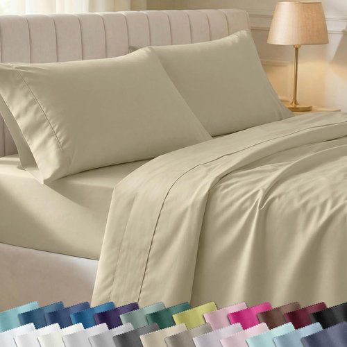 California Design Den King Size Sheets Set - Soft 400 Thread Count Sateen, 100% Cotton, Deep Pockets - Beige