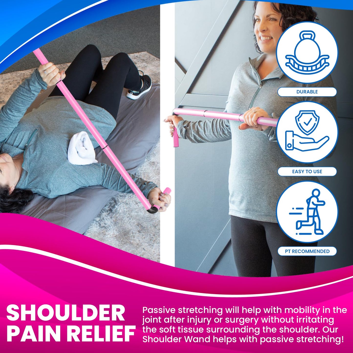 RangeMaster ShoulderWand Therapy Stretching Tool│Collapsible Stretching Bar│Physical Therapy Tool for Recovery and Increasing Motion (Pink)