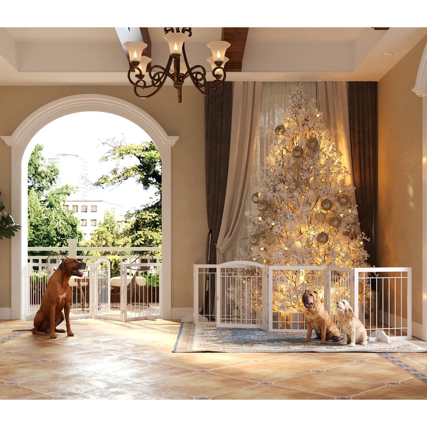 JSB 144-inch Extra Wide 30-inch Tall Dog gate with Door Walk Through, Freestanding Pet Gate for Halls, Stairs & Home, Pet Puppy Safety Dog Fence with 2PCS Support Feet (White)