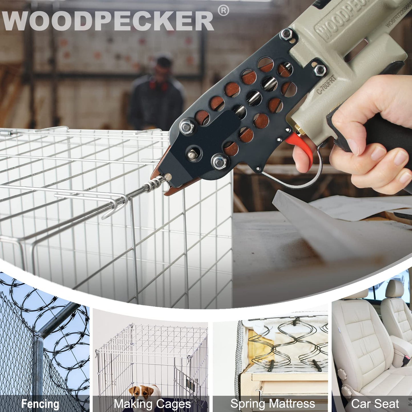 WOODPECKER C-760FRT 16 Gauge 1/2-Inch Air Hog Ring Gun with Variable Speed Control, 3.0 mm to 4.8 mm Closure Diameter, Pneumatic Hog Ring Plier Tool for Fencing, Cages, Fastening