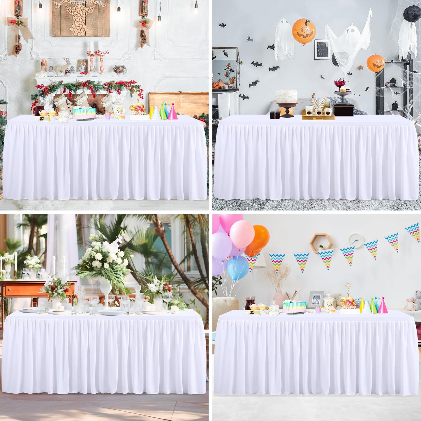 Party Talk White Polyester Table Clothes for 4 Foot Rectangle Tables, Wrinkle Free Fitted Table Cover 4ft Stretch Tablecloths with Skirt for Parties Weddings Birthday Banquet Baby Shower