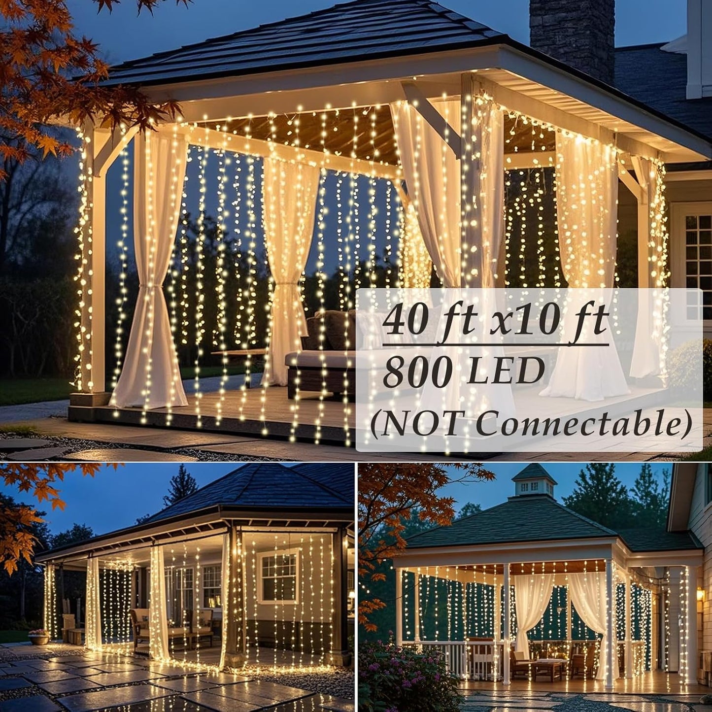 Solhice LED Curtain Lights - 800 Warm White Twinkle Lights for Outdoor & Indoor Décor | 40ft x 10ft