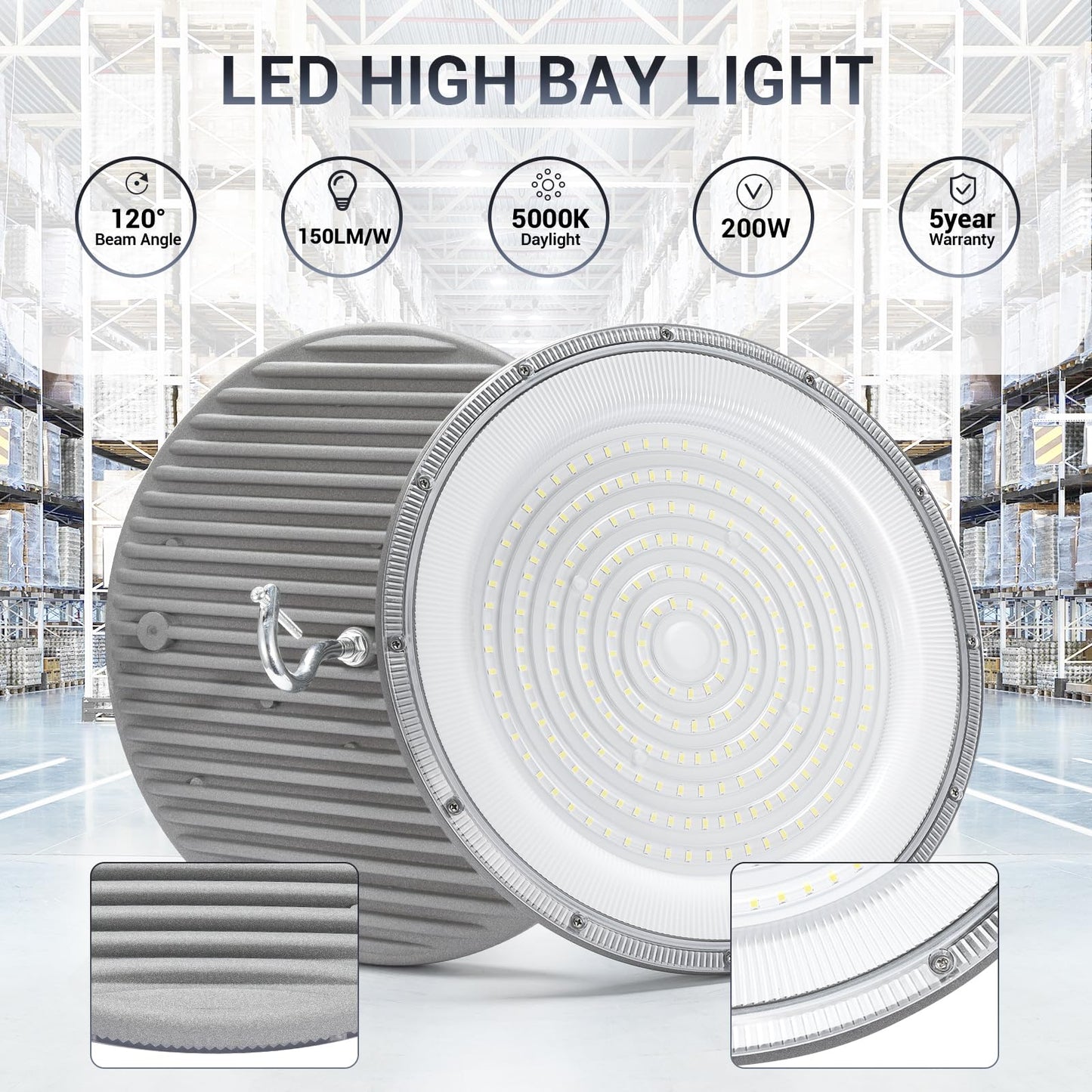 XYCN 15 Pack 200W UFO Led High Bay Light,120VAC,5000K Daylight Commercial Bay Lighting,IP66 Waterproof,30500LM,850W MH/HPS with Plug Area Lighting for Warehouse/Shop/Workshop/Barn/Gym/Factory