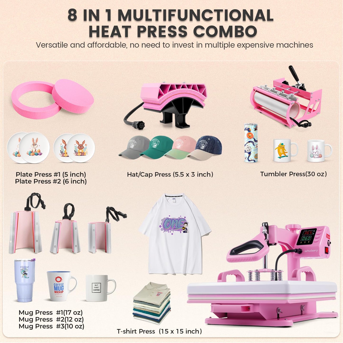 Whubefy Heat Press 15x15 inch 8 in 1 with 30OZ Tumbler Press, Slide Out 360° Swing Away Digital Shirt Press Machine, Industrial-Quality Heat Transfer Sublimation for T-Shirt/Tumbler/Mug/Hat/Cap/Plate