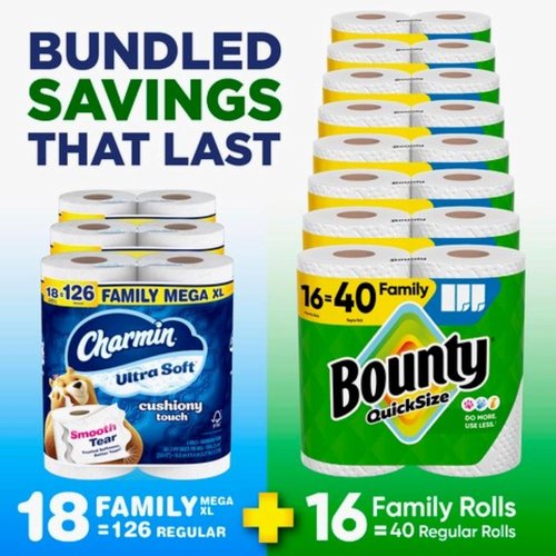 Bounty Quick-Size Paper Towels - White, 16 Family Rolls | Charmin Ultra Soft Toilet Paper, 18 Mega XL Rolls