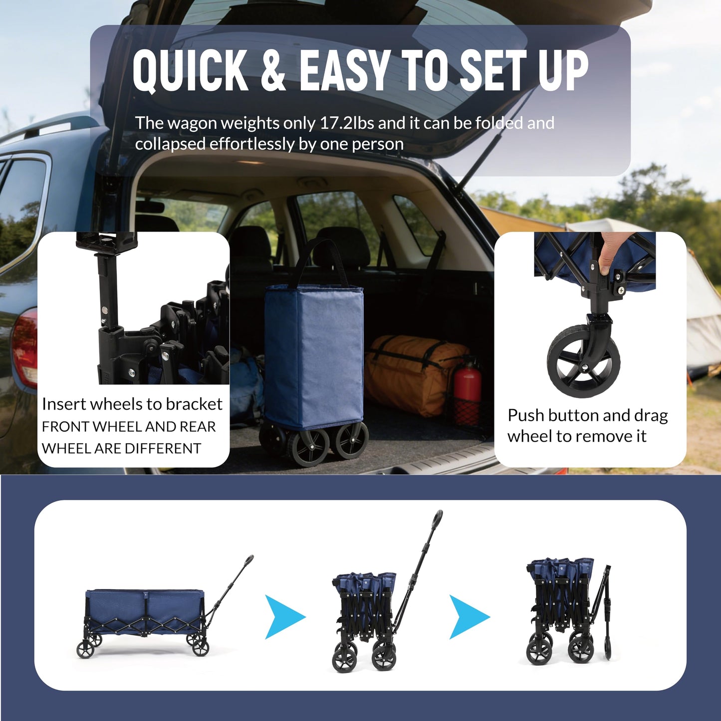 Collapsible Wagon Cart with Extendable Storage - 5.8cu.ft Capacity, 300lbs Heavy Duty, Compact Foldable Utility Wagon Cart for Grocery Shopping, Outdoor, Camping, Picnic, Sports Event, Garden