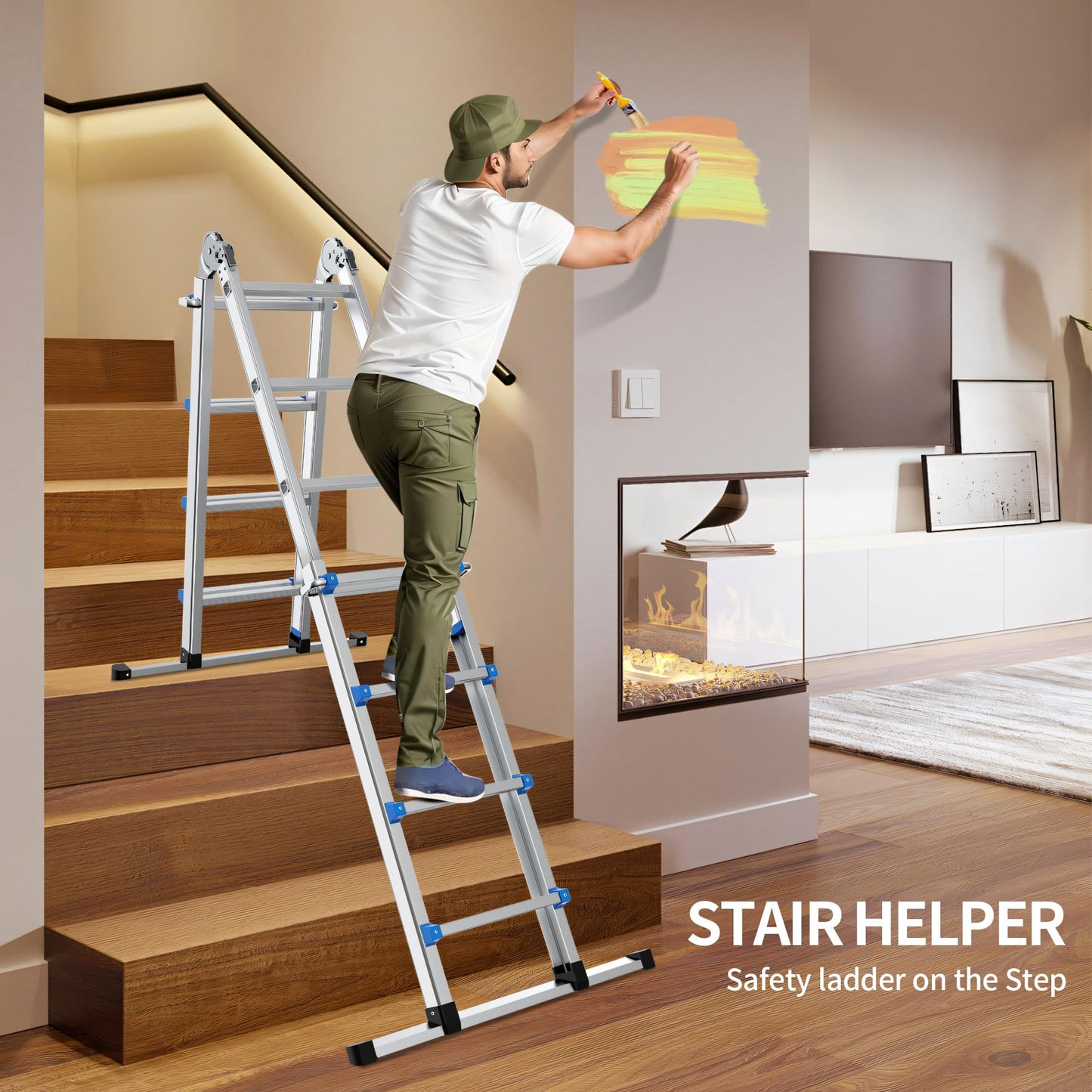 13.5FT Aluminum Foldabl Extension Ladder - Heavy-Duty A-Frame Adjustable Design for Home & Work, 330lbs Capacity, Retractable System with Safety Lock