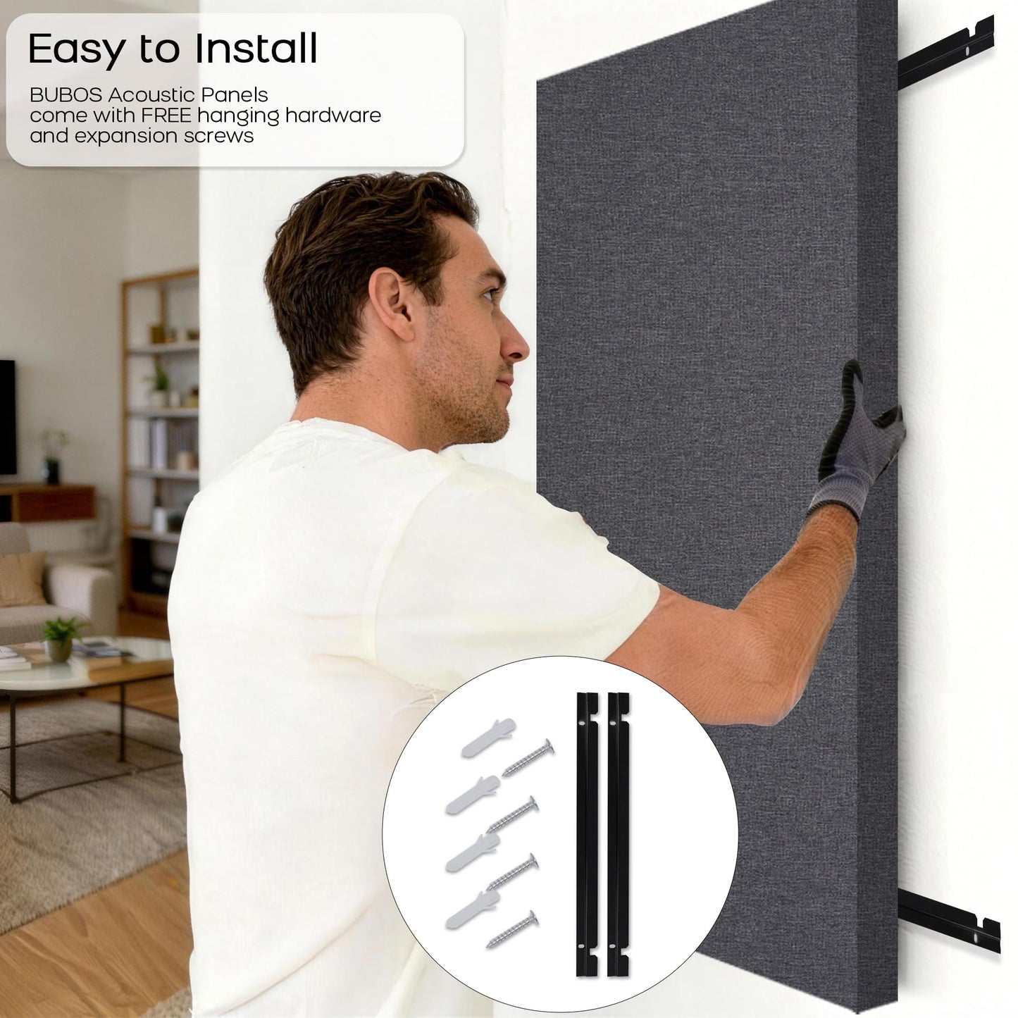 BUBOS 2-Pack Fabric Acoustic Panels with Hanging Hardware, 47.2" x 23.6" x 2" Large Soundproofing Wall Panels, High-Density Sound Absorbing Decor for Home Theater, Studio & Office,Grey