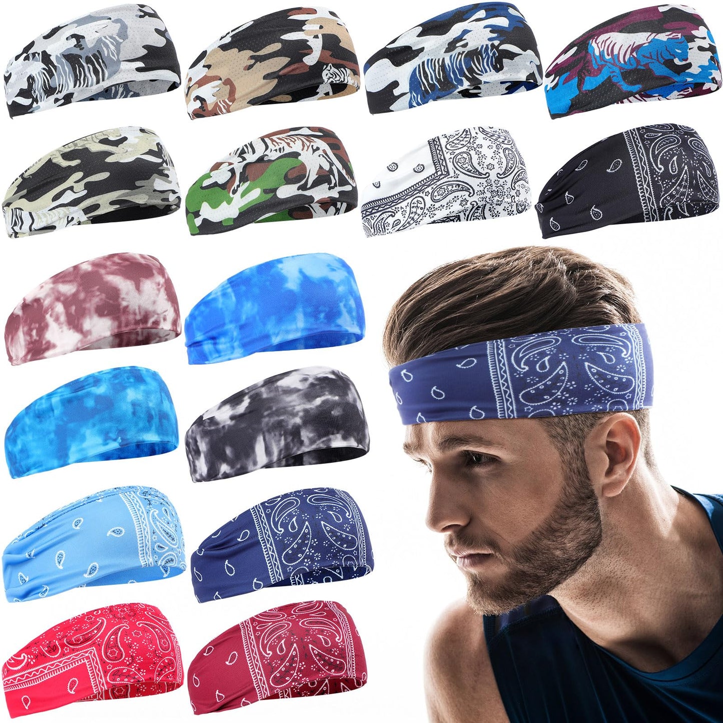 Foaincore 16 Pcs Sports Headbands for Men Sweatbands for Women Workout Stretchy Non Slip Hair Band Sweat Wicking Running Headband for Cycling Hiking Yoga Ice Hockey (Classic Style)
