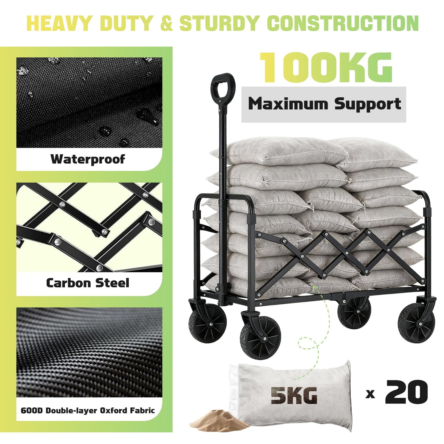 100KG Collapsible Foldable Wagon Carts - Heavy Duty Portable Folding Utility Wagons with All-Terrain Wheels for Grocery Sports Shopping Camping Garden Beach, 2 Drink Holders/Lightweight/Black