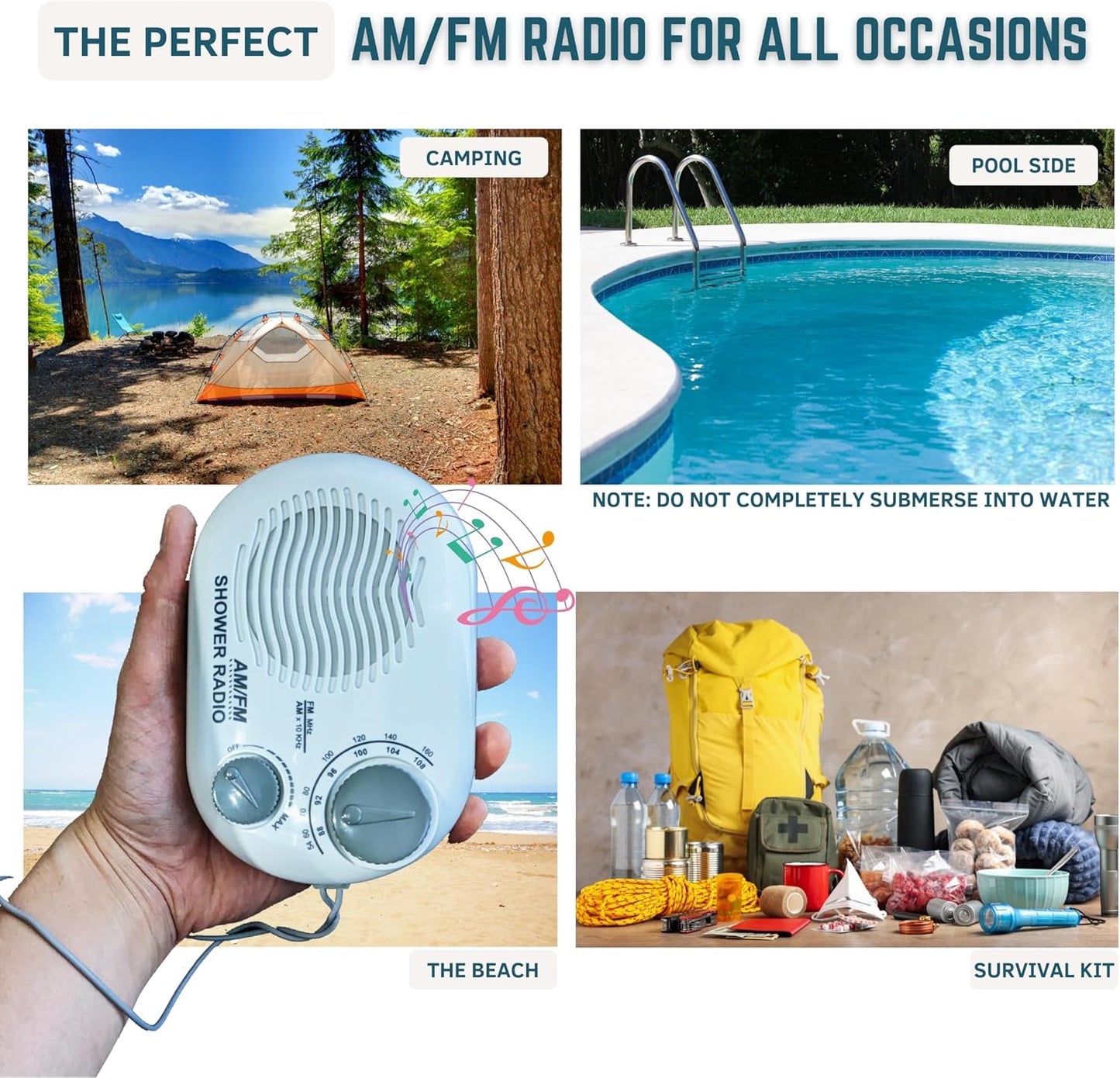 Shower Radio - Includes Carrying or Hanging Strap. Portable Design Perfect for Bathroom, Kitchen, and Outdoor. Built
