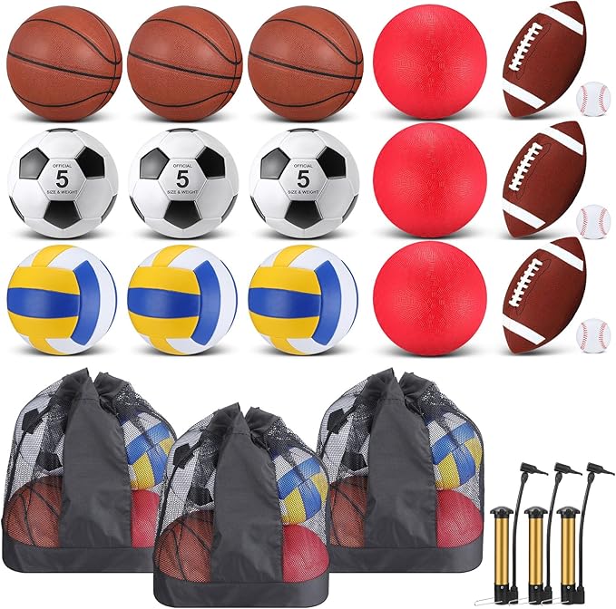 Leyndo 18 Pcs Sport Balls Bulk Set Basketball Football Volleyball Soccer Playground Baseball with Sport Equipment Bag Pump for Outdoor Indoor Practice Gift