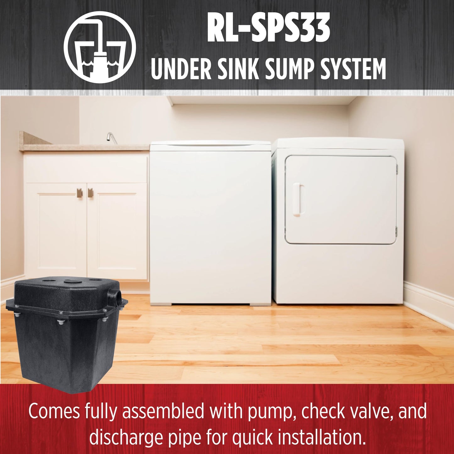 Red Lion RL-SPS33 1/3 HP, 115-Volt, 3200 GPH Under-Sink Sump Pump System with 6 Gallon Basin, Red/Black, 14942736